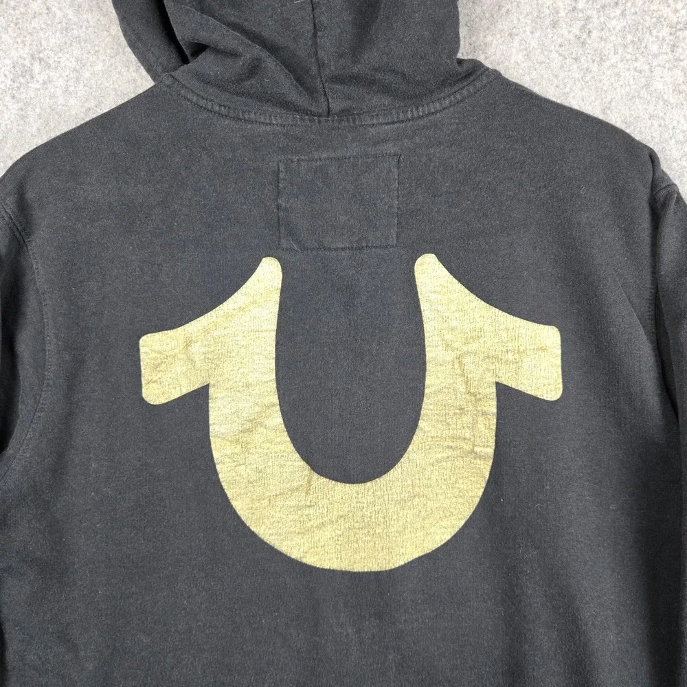 True Religion Zip Up Hoodie Mens XL Black Gold Big Horseshoe Logo Y2K Streetwear